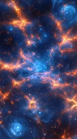 Nebula filaments glow in a blazing blue and orange cosmos.