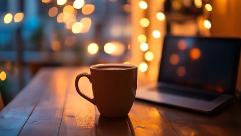 Warm ceramic mug on wooden desk before laptop, bokeh lights