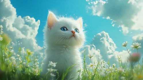 Ethereal White Kitten in Bloom: Dreamy Pastoral Composition