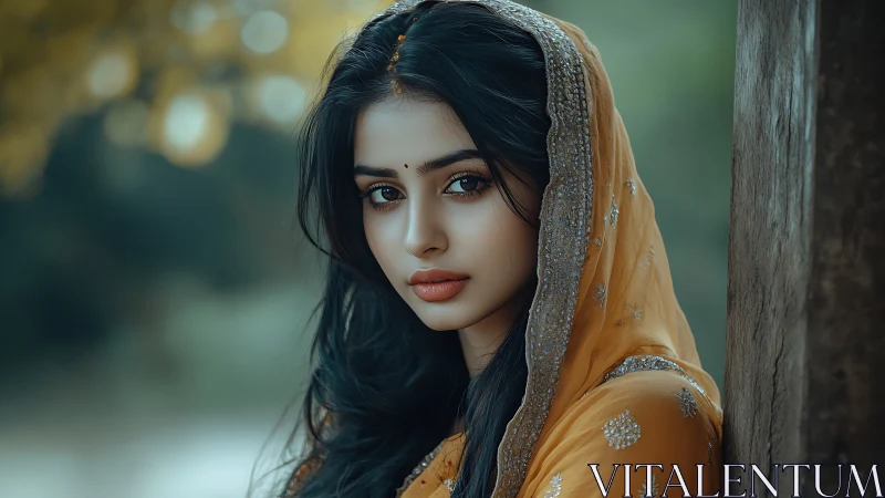 Portrait of Woman in Traditional Yellow Attire, Soft Natural Light.