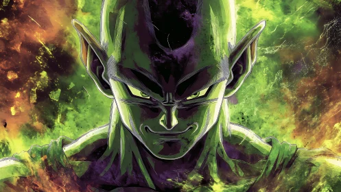 High-contrast anime portrait uses neon palette and vector line shading