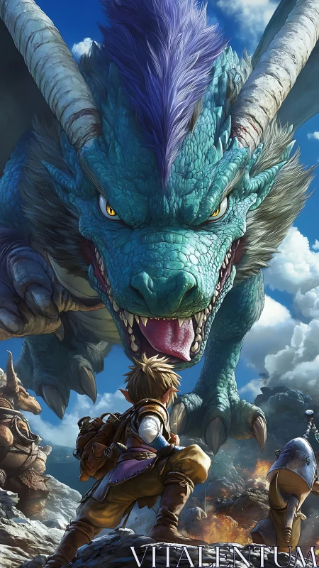 Young fantasy adventurer faces massive blue dragon head on.