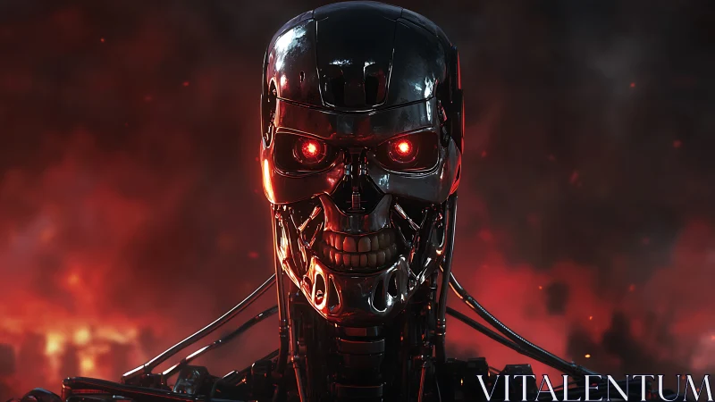 Chrome skull combat android glows over burning battlefield.
