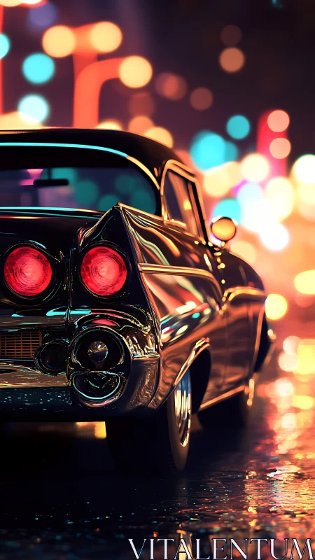 Classic tailfin coupe under neon city bokeh lights.