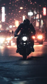 Motorcyclist rides wet city street under drifting night lights