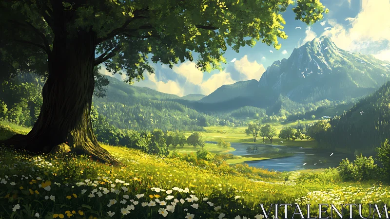 Sunlit valley drifts into a storybook of mountains and bloom