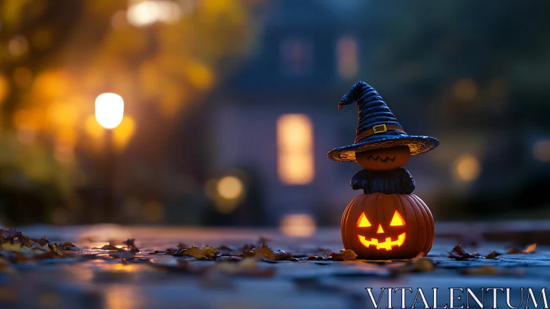Halloween jack o lantern with witch hat on evening path.