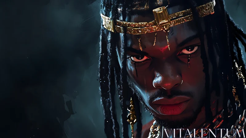 Regal digital portrait of intense king in jeweled crown.