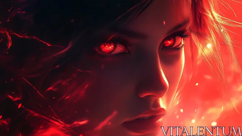 Fiery red eyed woman in glowing abstract light portrait.