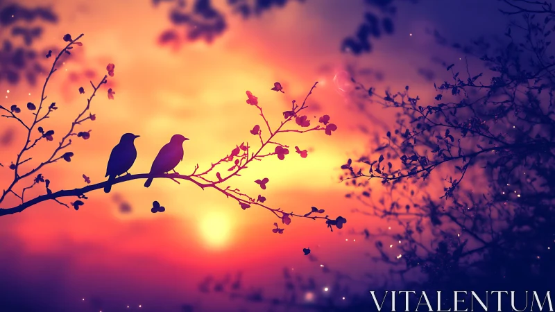 Silhouette songbirds rest on glowing violet sunset branch.
