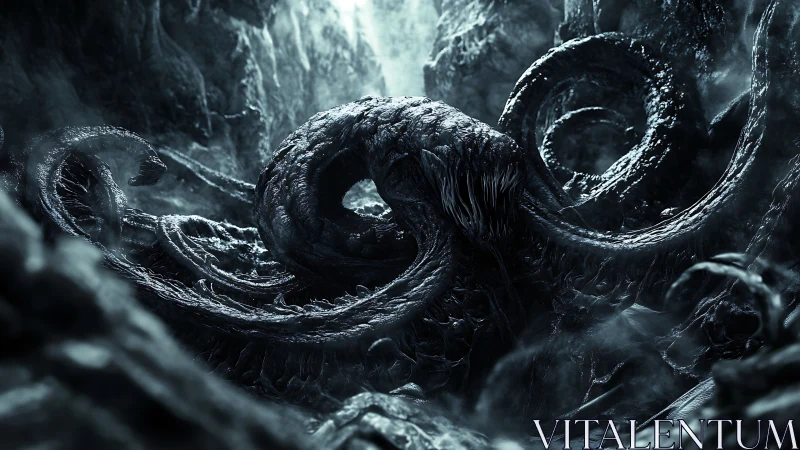 Eldritch abyssal leviathan with barbed tentacles in chasm