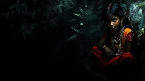 Dark forest portrait of jeweled girl in cinematic chiaroscuro.