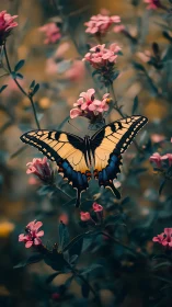 Swallowtail butterfly wings spread over muted pink florals.