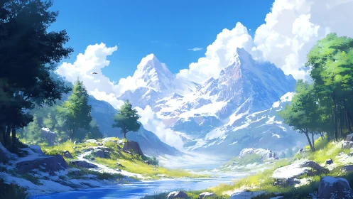 Sunlit alpine valley with snow-capped peaks and river vista.