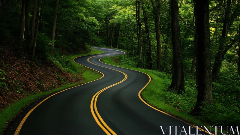 Curving two-lane asphalt road through dense green forest.