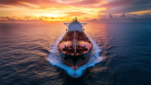 Large oil tanker cutting through calm sea at sunset.