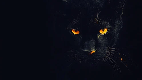Black panther face with glowing orange eyes dominates frame