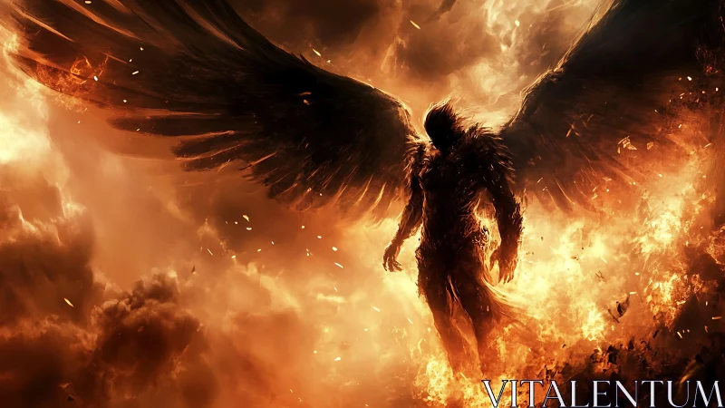 Fallen angel silhouette strides through blazing inferno sky