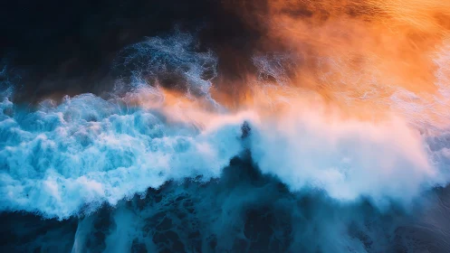 Glowing ocean waves meeting soft evening light in motion.