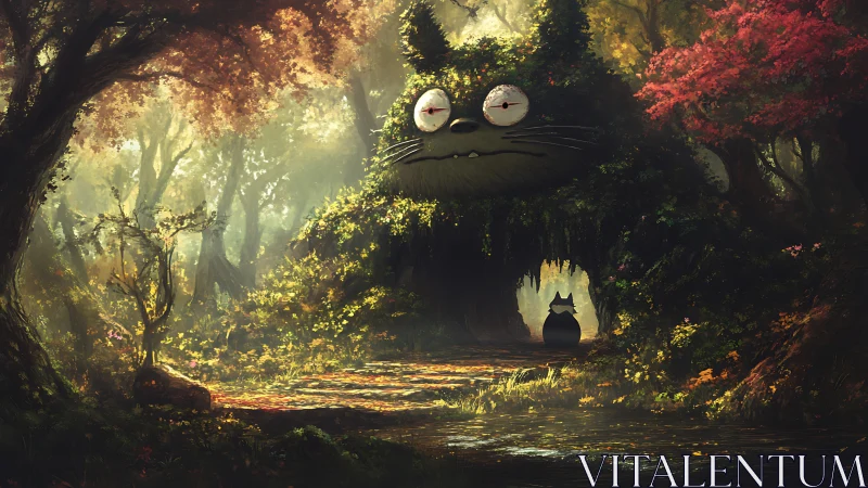 Mossy forest spirit gate glows through dappled sunset light.