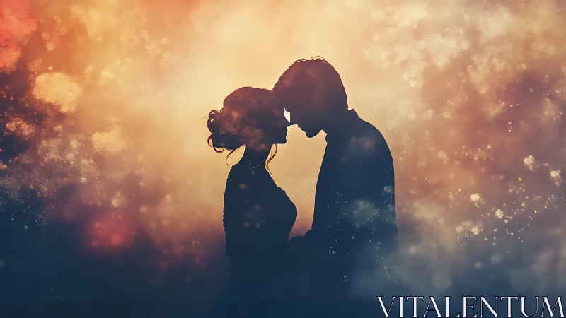 Two Silhouettes Embrace in Luminous Golden Mist.