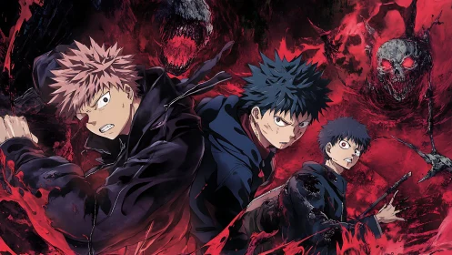 Three anime fighters with red spectral creatures in background.