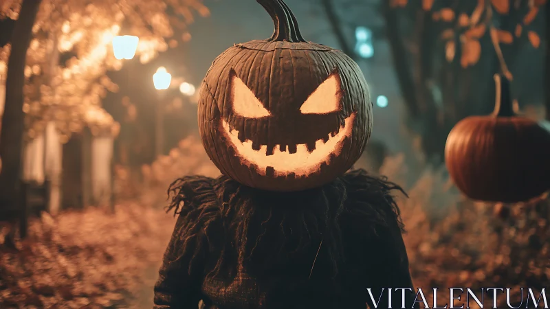Jack-o’-lantern figure prowls a foggy autumn street at night.