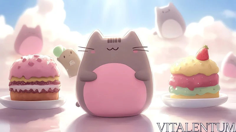 Whimsical Cat Character Surrounded by Colorful Desserts.
