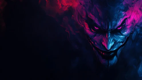 Neon-lit demonic visage emerging from darkness in profile.