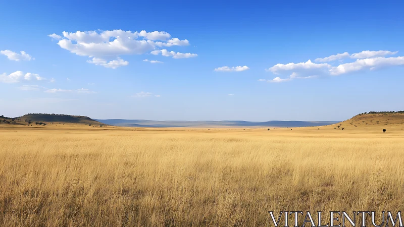 Golden savanna horizon under a wide open blue sky.