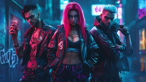 Neon alley cyberpunks in reflective leather jackets at night.