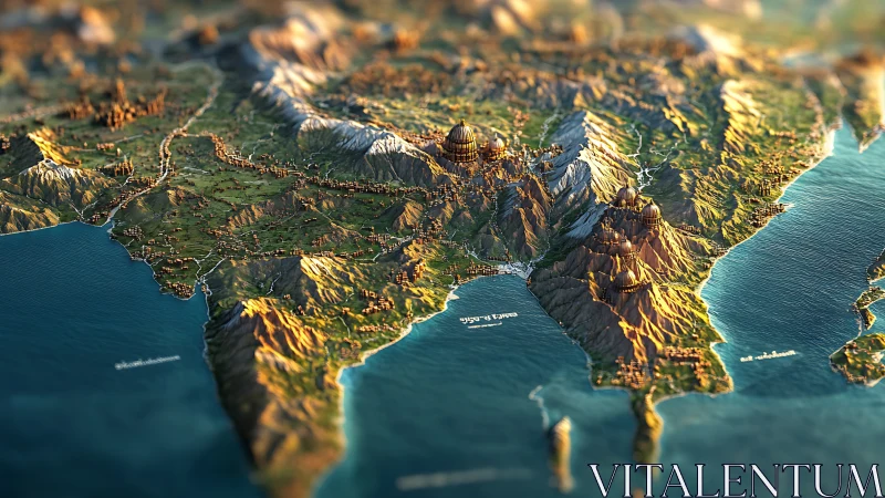 3D fantasy topographic map with illuminated coastal strongholds.