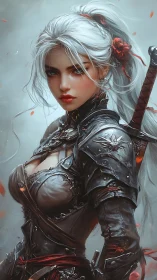 Silver-haired armored swordswoman in misty environment.