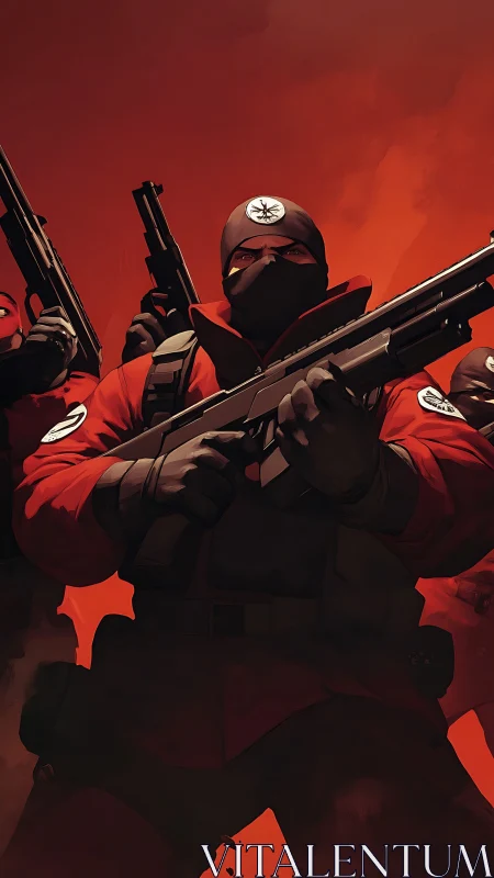 Armed masked figures in red uniforms stand in formation