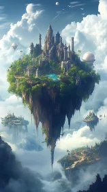 Floating Sky Citadel: Gothic Architecture on Suspended Geological Formation.