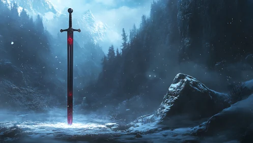 Cursed crimson greatsword hovering over frozen valley.