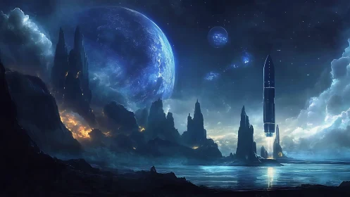 Starship ascends from alien coast under vast electric skies