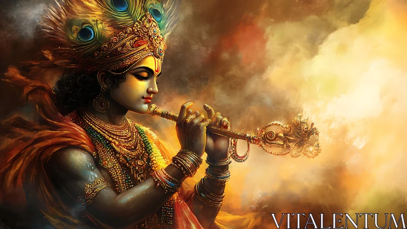 Ornate deity figure playing flute against luminous background.