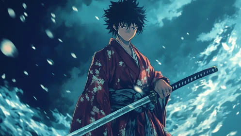 Samurai swordsman in floral kimono under dynamic blue lighting