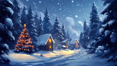 Snow-covered cabins and illuminated tree form a serene winter tableau