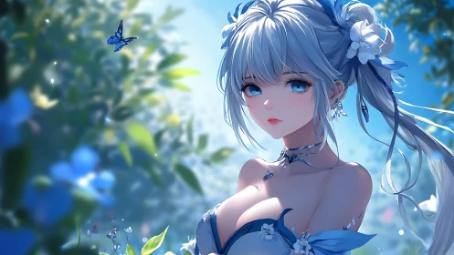 Silver haired anime girl stands in luminous blue garden