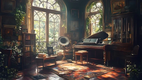 Digital painting of sunlit conservatory piano study interior.