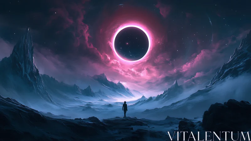 Lone explorer studies radiant pink eclipse over frozen valley