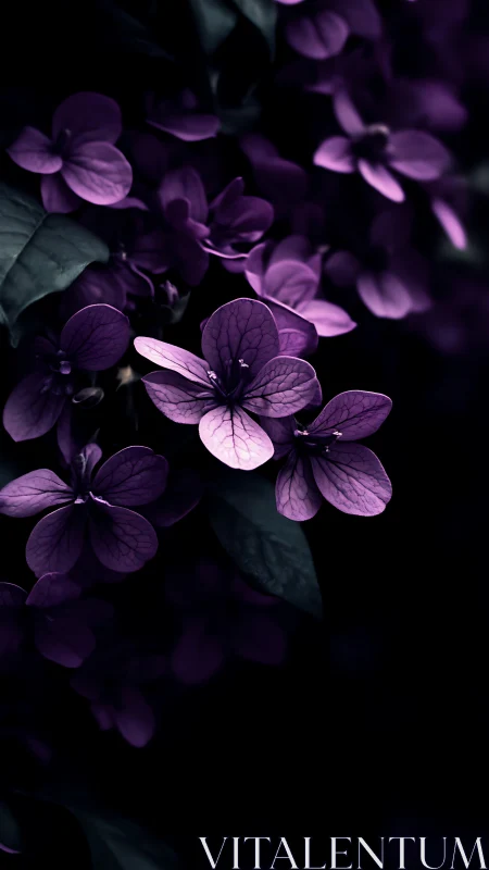 Luminous purple petals dance through moody darkness with ethereal grace.