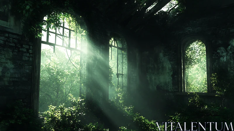 Sunlit overgrown ruin interior with tall arched windows.