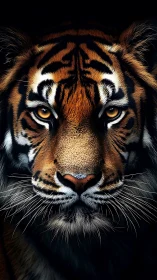 Tiger face close-up with detailed fur and intense gaze.