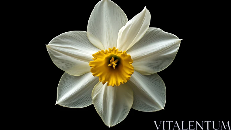 White daffodil unfolds against deep black negative space.