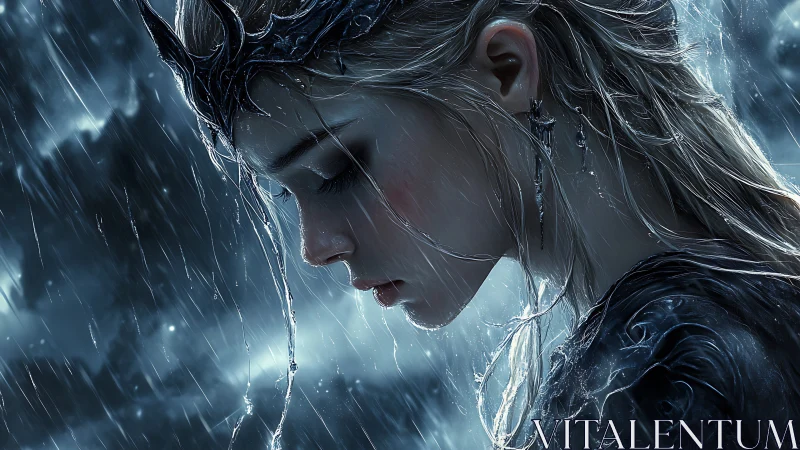 Profile of crowned female figure in heavy rainstorm.