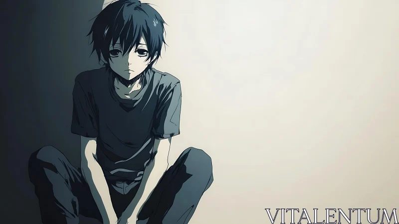 Shadowed boy studies silence while the empty wall listens