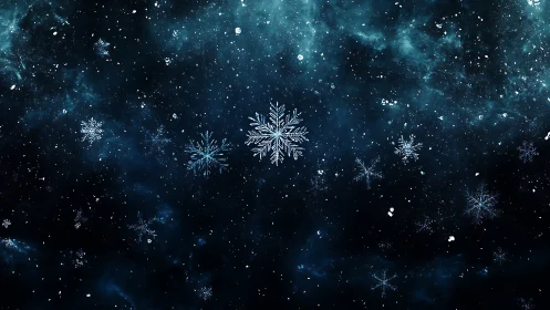 Snowflake patterns dispersed across dark blue sky field.